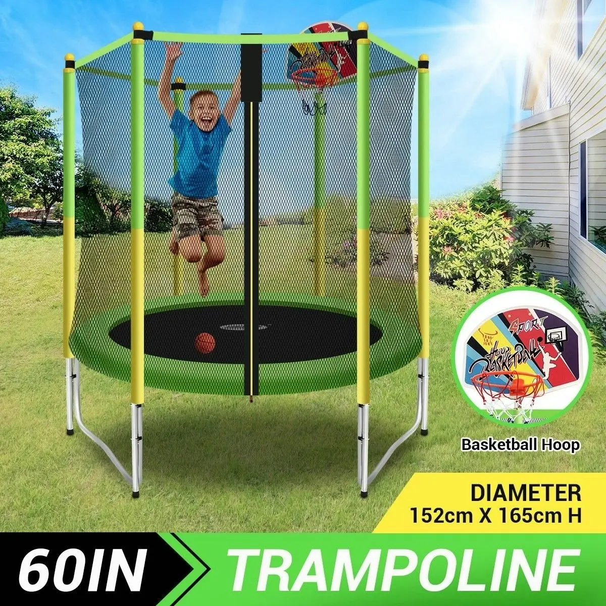 Genki  60 Inch Kids Round Trampoline with Safety Enclosure & Basketball Hoop