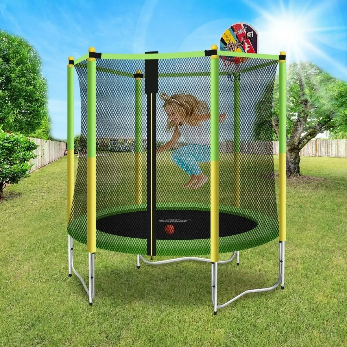 Genki  60 Inch Kids Round Trampoline with Safety Enclosure & Basketball Hoop