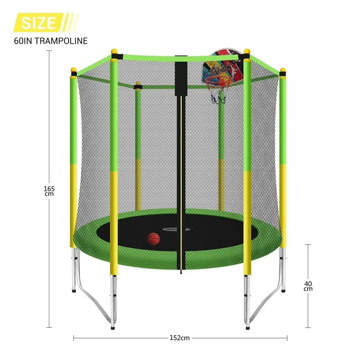 Genki  60 Inch Kids Round Trampoline with Safety Enclosure & Basketball Hoop