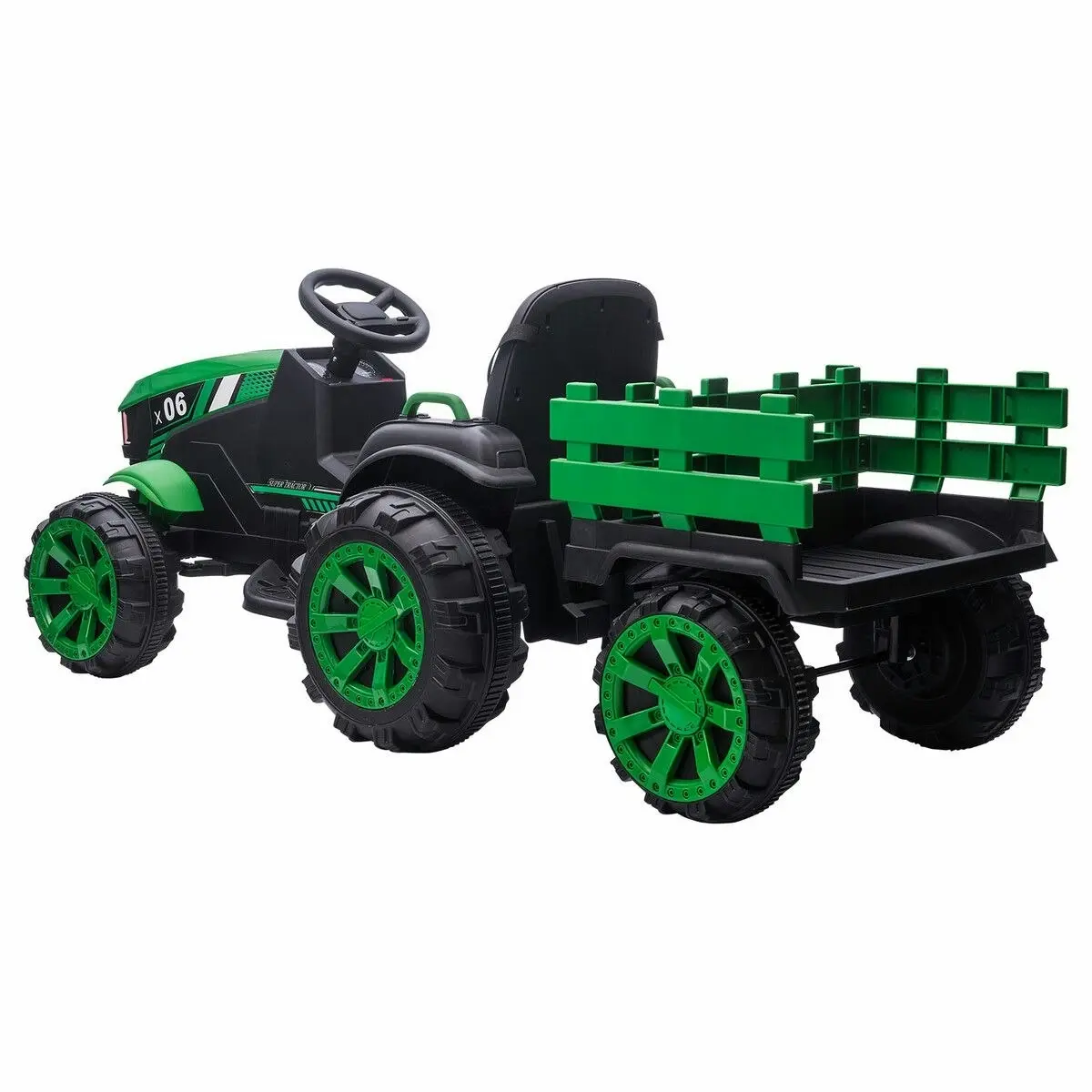 Kidbot Kids Ride on Car Remote Control Electric Tractor Toy Vehicle Trailer 12V Battery MP3 Player Safety Belt LED Light Green