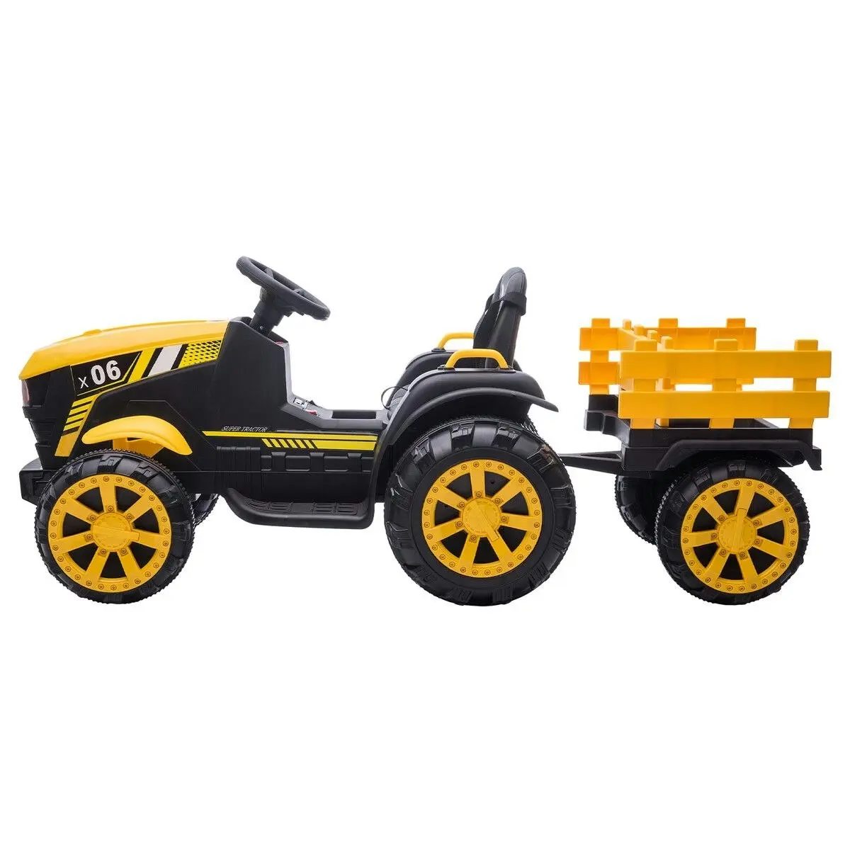 Kidbot Kids Ride on Tractor Remote Control 12V Battery Electric Car Toy Vehicle Trailer MP3 Player Safety Belt LED Light Yellow