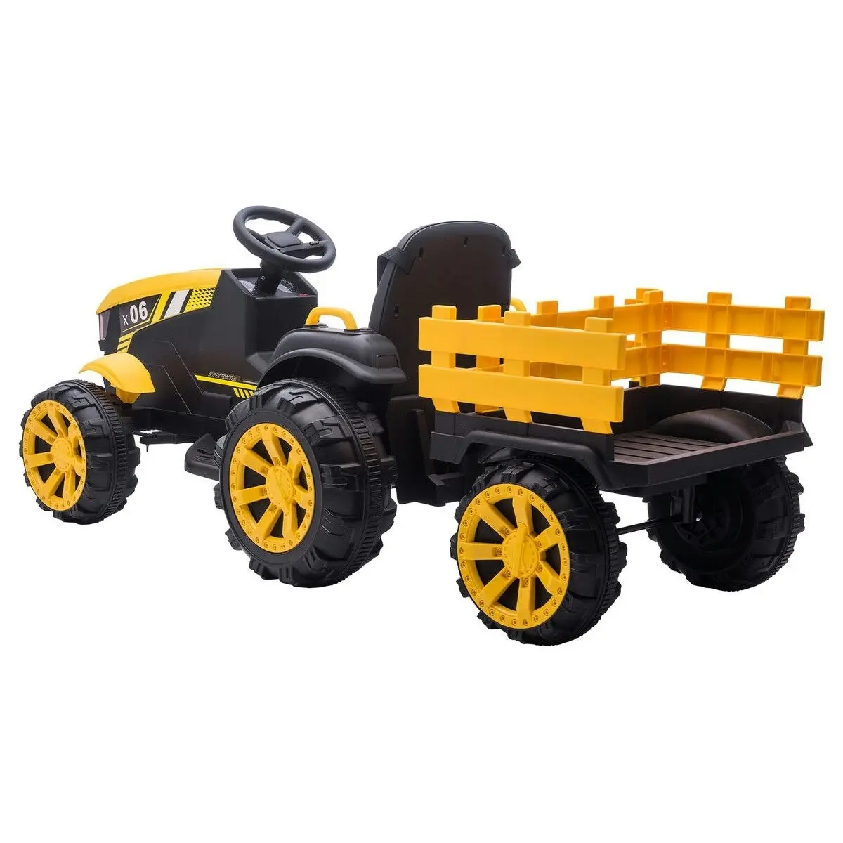 Kidbot Kids Ride on Tractor Remote Control 12V Battery Electric Car Toy Vehicle Trailer MP3 Player Safety Belt LED Light Yellow