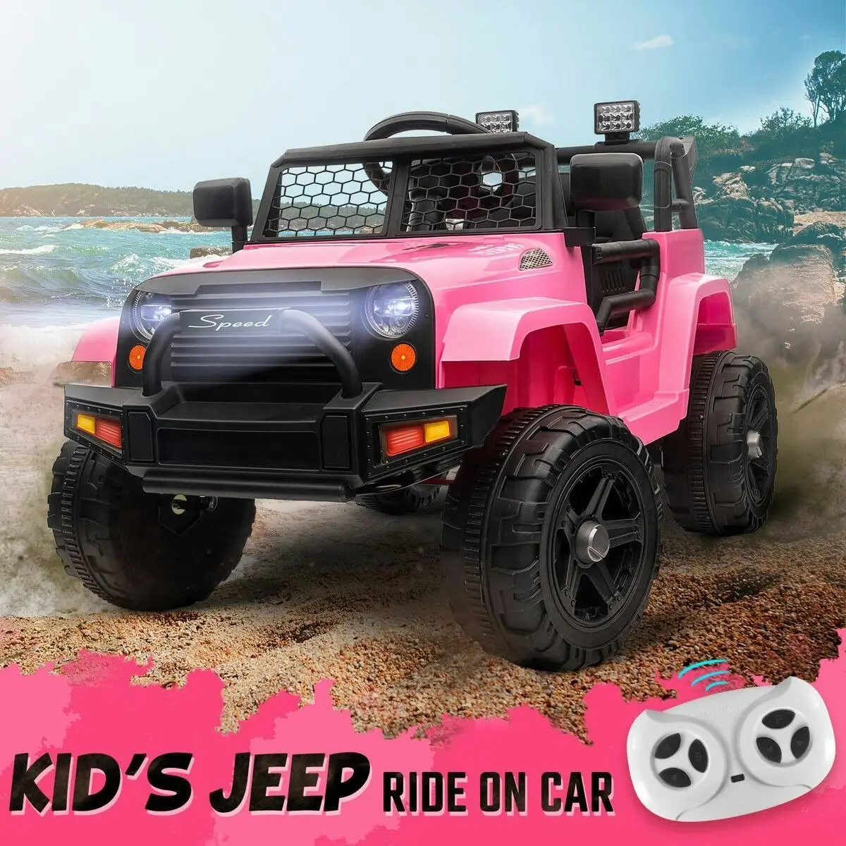 Ausway Kids Electric Car Ride On Truck Parental Remote Control Toy Jeep Vehicle 12V Pink Childrens Spring Suspension LED AUX Port