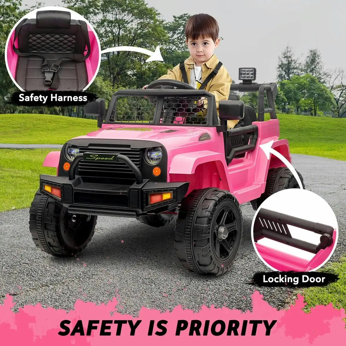 Ausway Kids Electric Car Ride On Truck Parental Remote Control Toy Jeep Vehicle 12V Pink Childrens Spring Suspension LED AUX Port