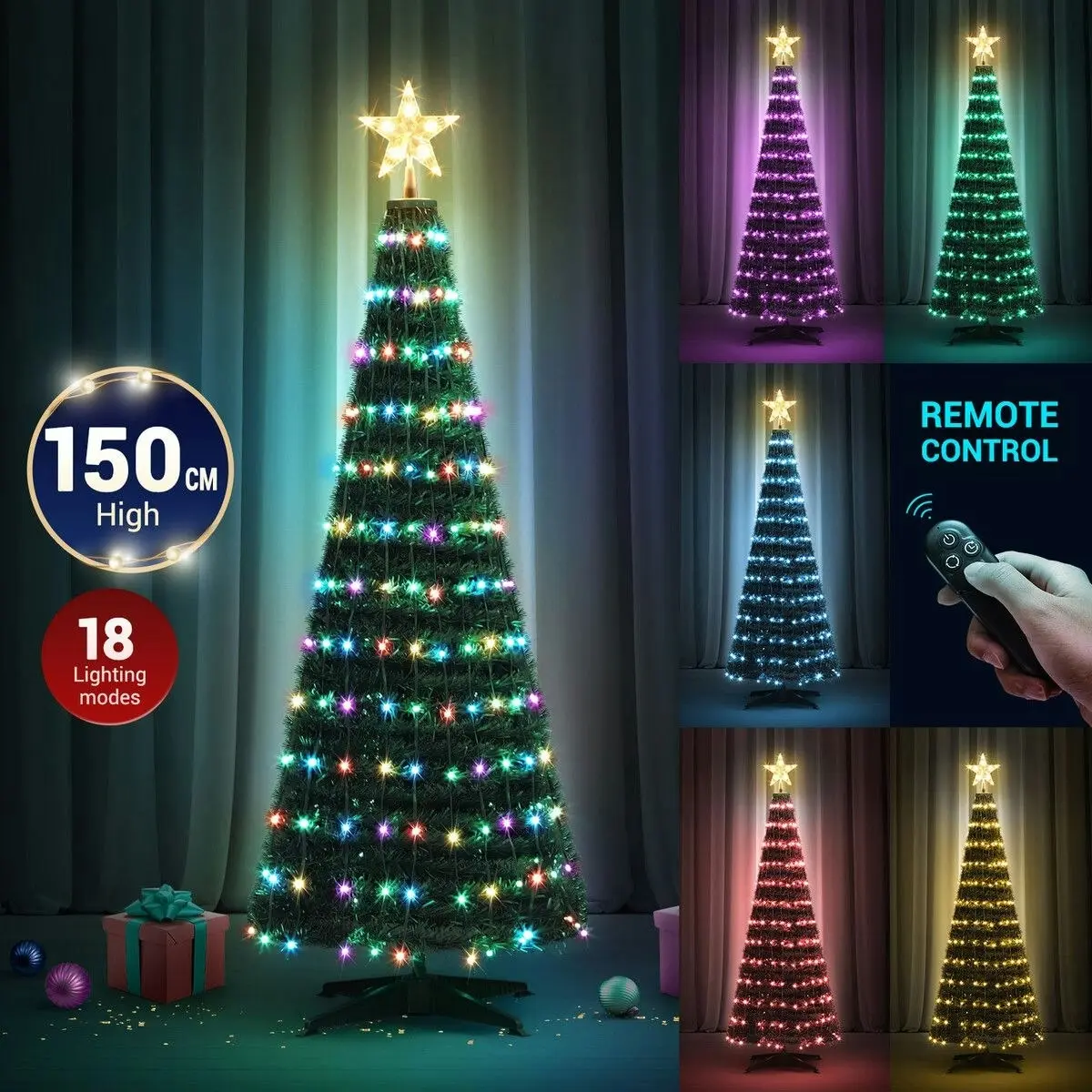 Solight 150cm Christmas Tree With Light RGB LED Artificial Xmas Spruce Decor Holiday Ornament Indoor Remote Control 18 Lighting Modes