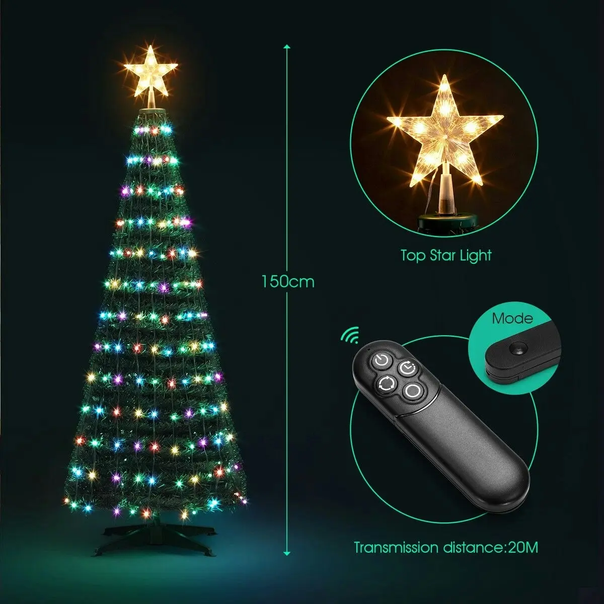 Solight 150cm Christmas Tree With Light RGB LED Artificial Xmas Spruce Decor Holiday Ornament Indoor Remote Control 18 Lighting Modes