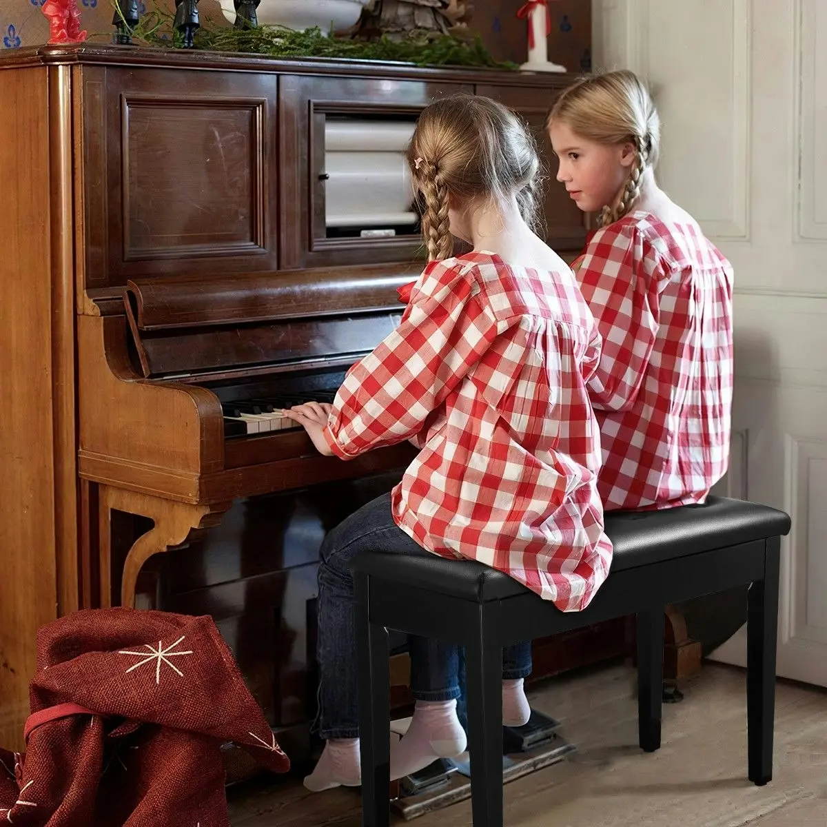 Melodic  Wood Duet Piano Bench Keyboard Stool Seat with Storage