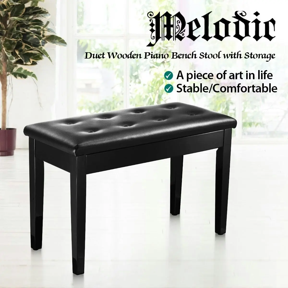 Melodic  Wood Duet Piano Bench Keyboard Stool Seat with Storage