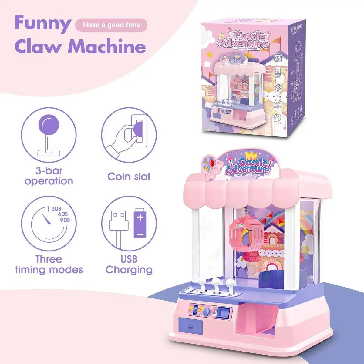 Ausway Mini Claw Machine Arcade Toy Grabber Candy Sweets Carnival Fair Gaming Party Birthday Xmas LED Light Animation Pink