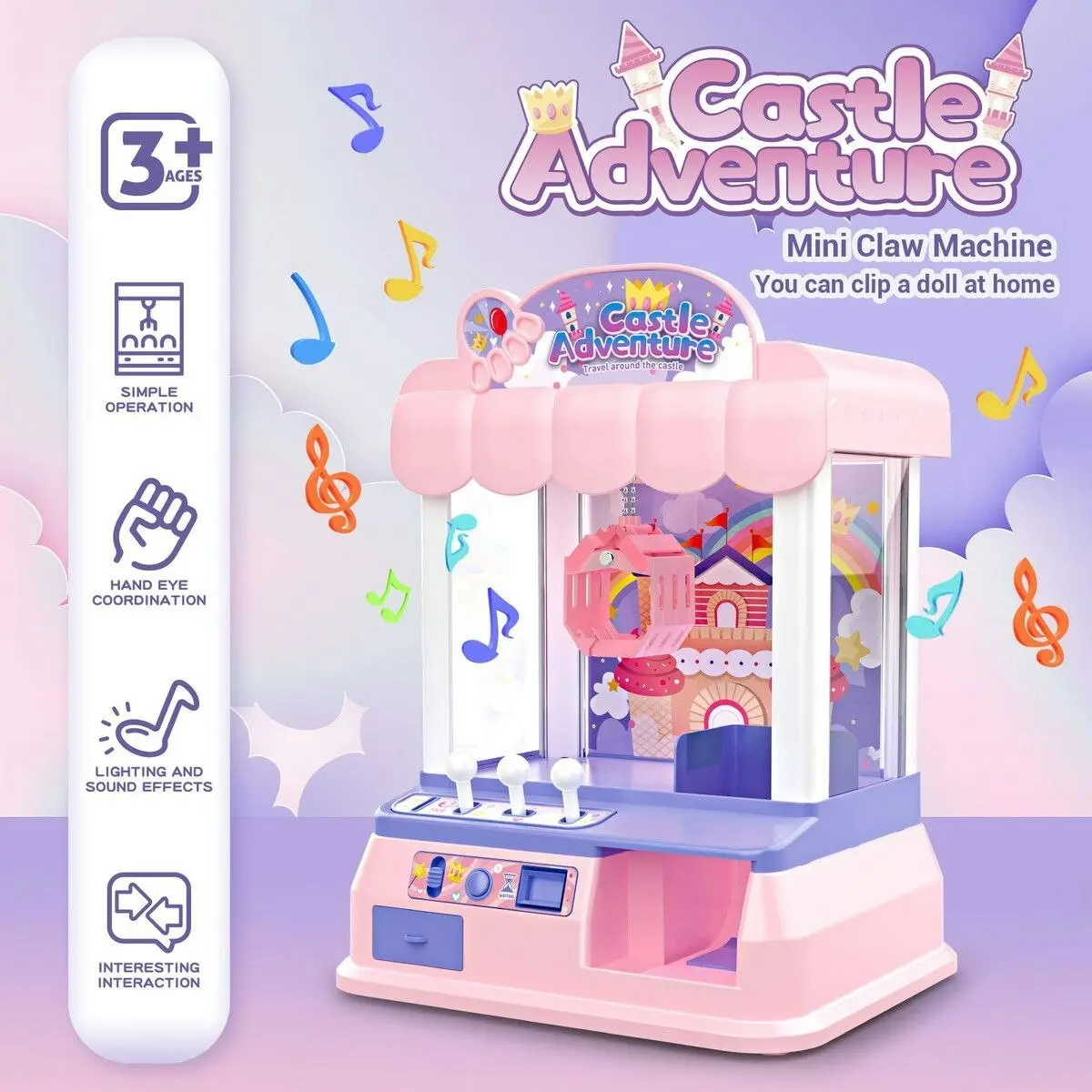 Ausway Mini Claw Machine Arcade Toy Grabber Candy Sweets Carnival Fair Gaming Party Birthday Xmas LED Light Animation Pink