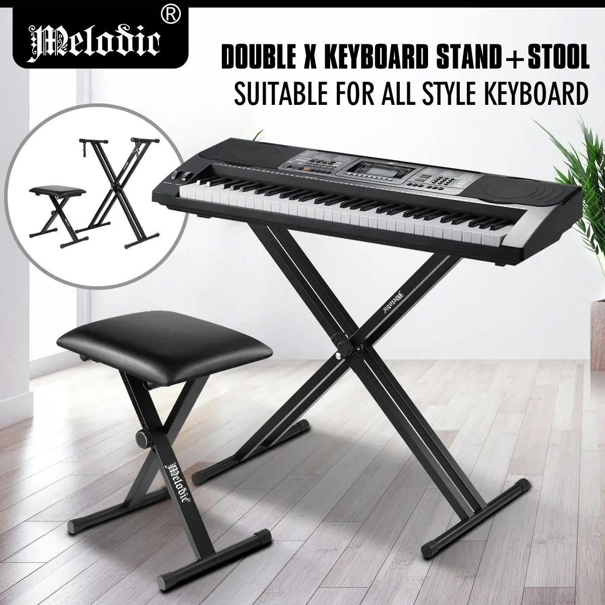 Melodic  Adjustable Keyboard Stand Portable Piano Stool X-Shaped Bench Seat Set