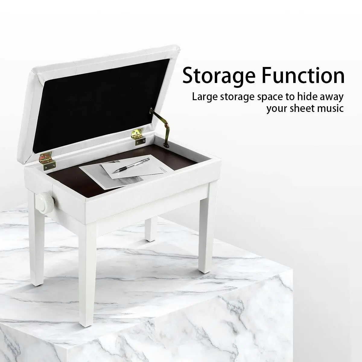 Melodic  Height Adjustable Piano Keyboard Stool Chair Bench Seat with Padded Cushion and Storage Compartment White