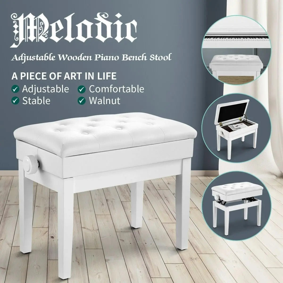 Melodic  Height Adjustable Piano Keyboard Stool Chair Bench Seat with Padded Cushion and Storage Compartment White