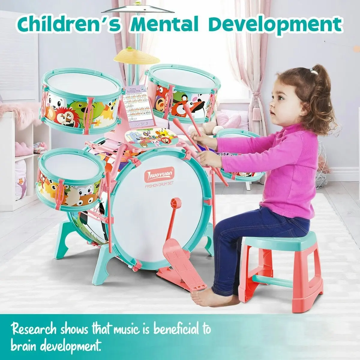 Ausway Jazz Drum Play Set Dynamic for Toddler Kid Educational Musical Instrument Toy Plastic Colourful 17 Pieces