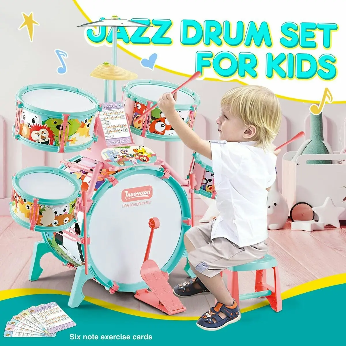 Ausway Jazz Drum Play Set Dynamic for Toddler Kid Educational Musical Instrument Toy Plastic Colourful 17 Pieces