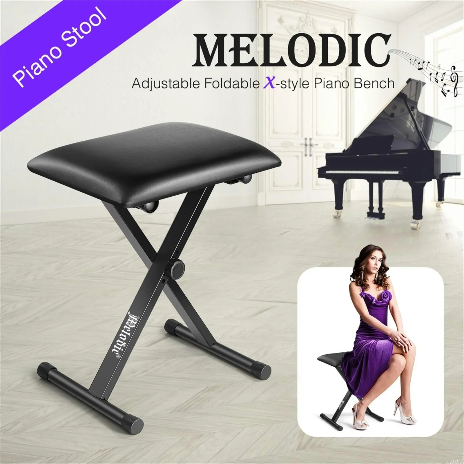 Melodic Keyboard Bench Stool  X Style Adjustable Padded  Folding Padded Piano Seat