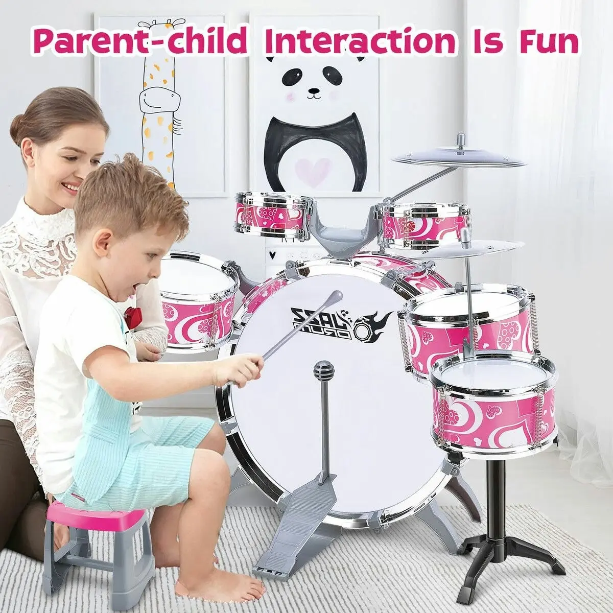 Ausway Jazz Drum Play Set For Kid Toddler Musical Educational Instrument Toy Plastic Pink 10 Pieces