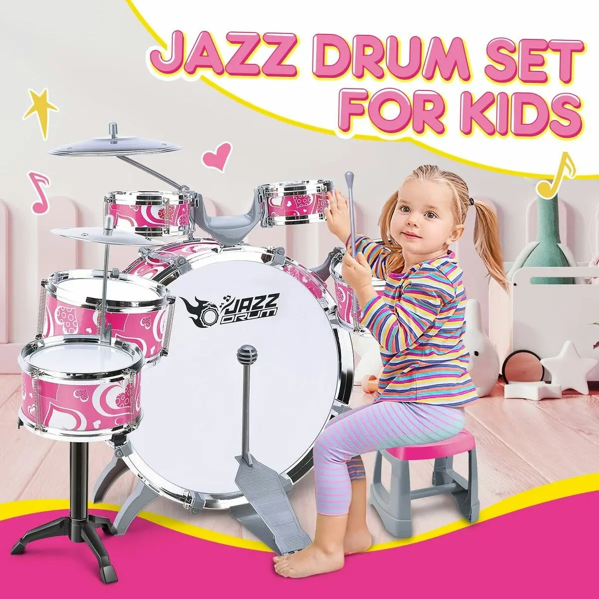 Ausway Jazz Drum Play Set For Kid Toddler Musical Educational Instrument Toy Plastic Pink 10 Pieces