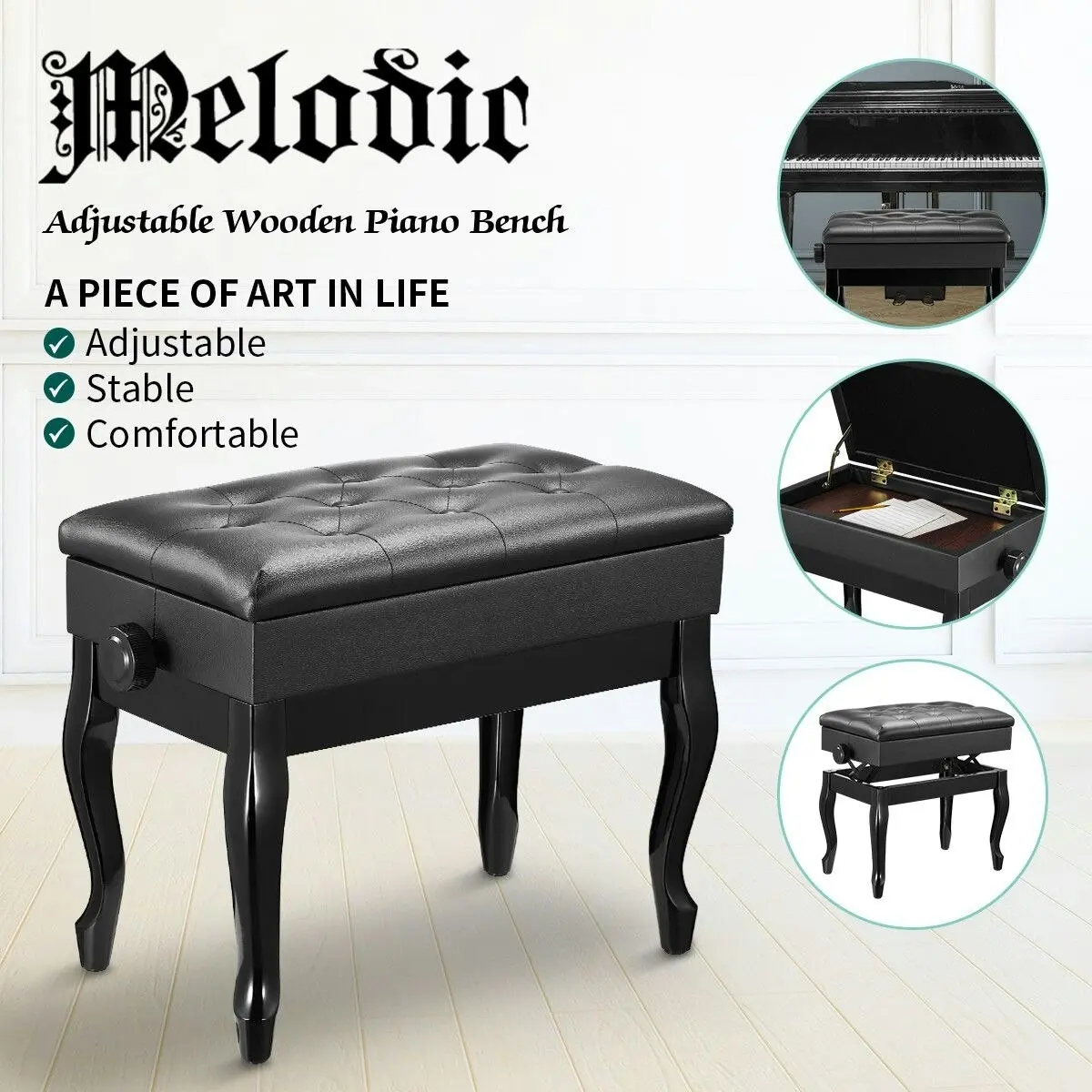 Melodic  Piano Stool Adjustable Wood Chair Keyboard Bench with Storage Bent Leg Black