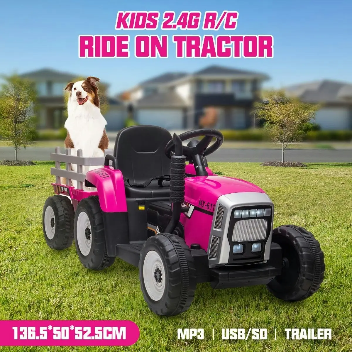 Ausway Kids Farm Tractor Electric Ride On Toys 2.4G R/C Remote Control Cars w/ Trailer Neon Pink