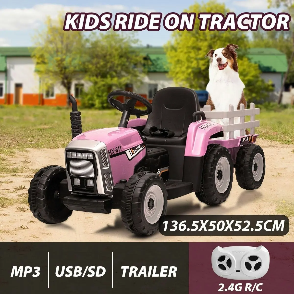 Ausway Kids Farm Tractor Electric Ride On Toys 2.4G R/C Remote Control Cars w/ Trailer Pink