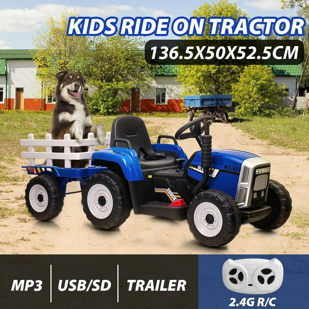 Ausway Kids Farm Tractor Electric Ride On Toys 2.4G R/C Remote Control Cars w/ Trailer Blue