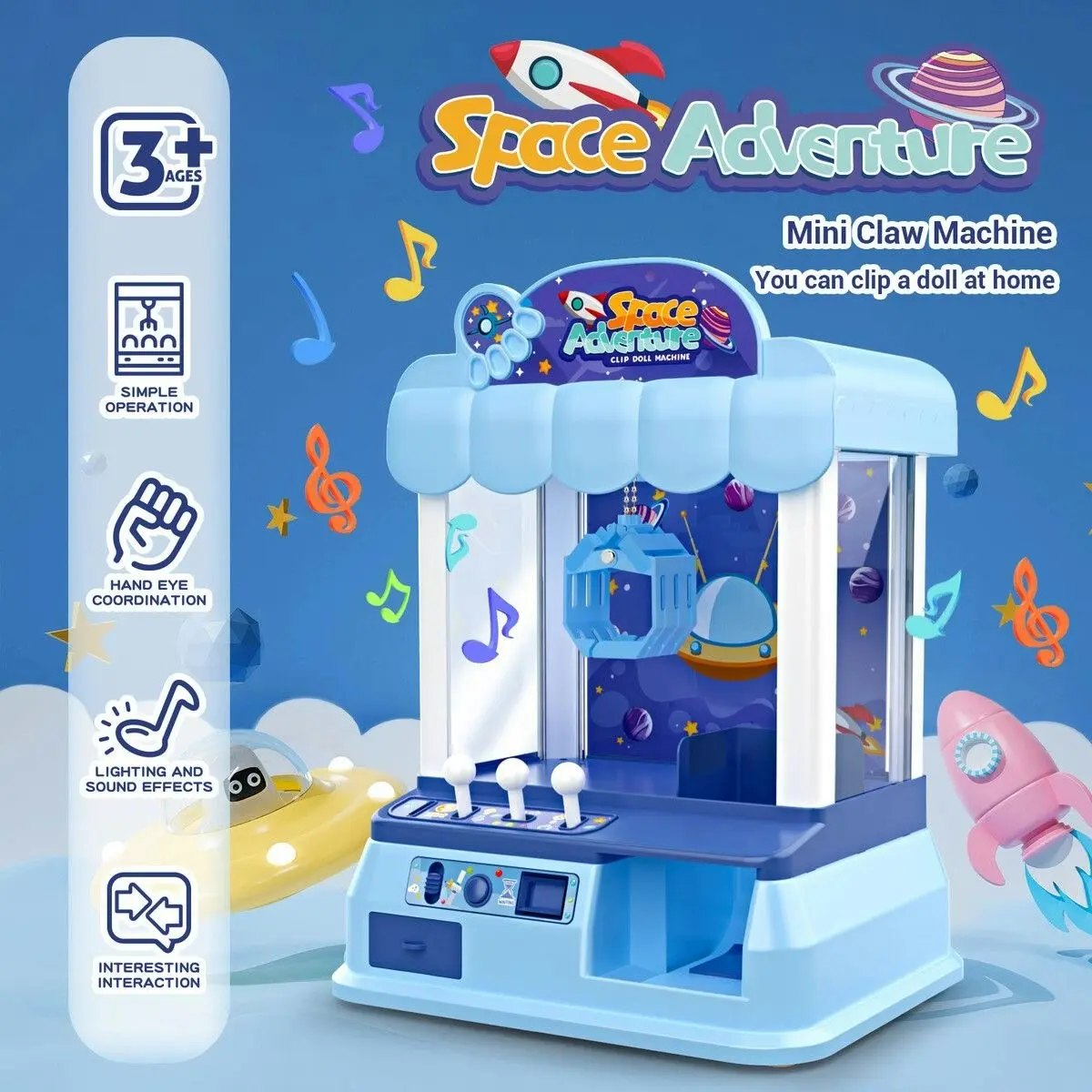 Ausway Mini Toy Claw Machine Arcade Grabber Carnival Candy Gaming Fair Party Birthday Xmas LED Light Animation Blue