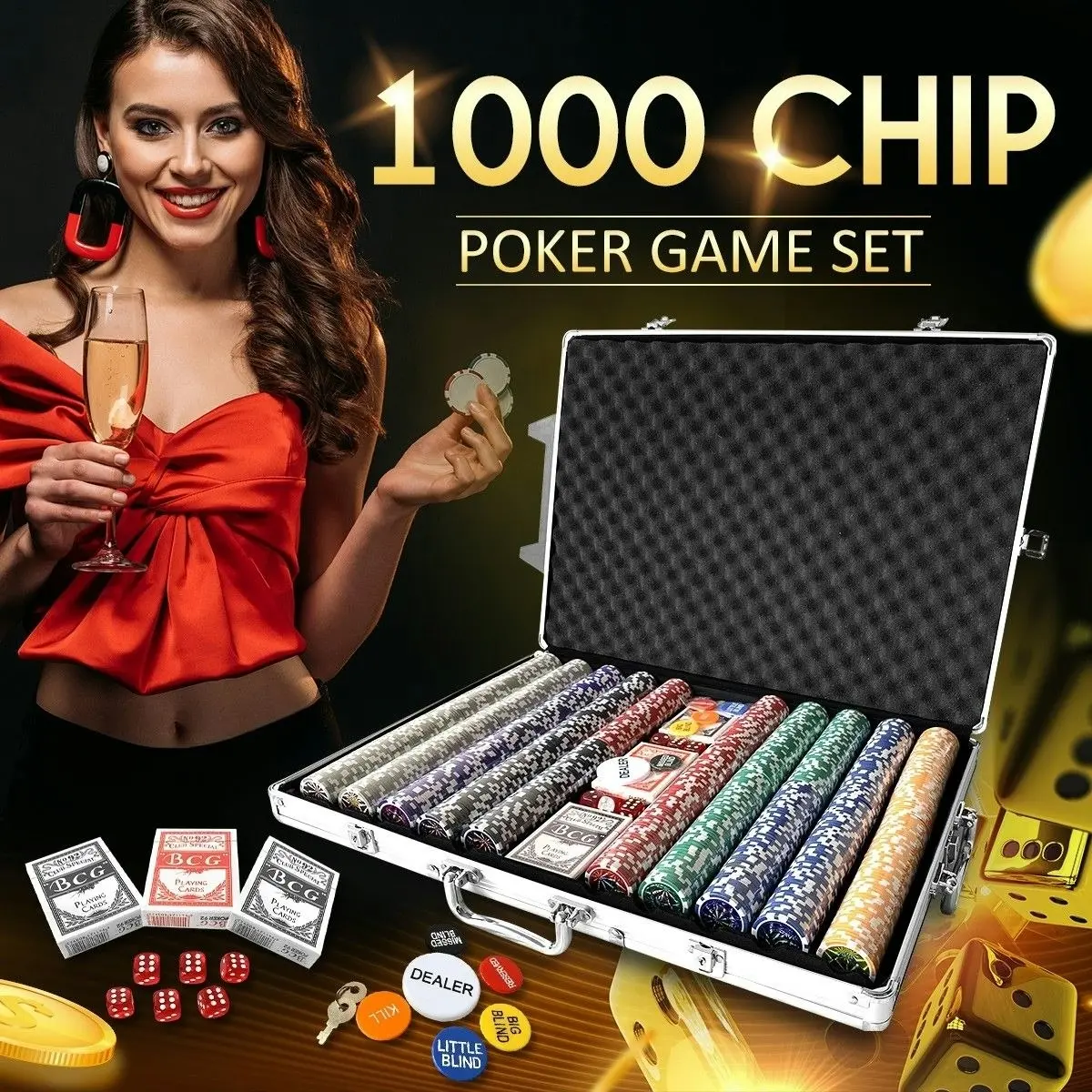 Ausway 1000 Holographic Eagle Chips Professional Poker Card Game Play Set Casino Dice Aluminium Case