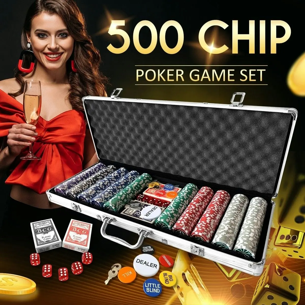 Ausway 500 Holographic Eagle Chips Professional Poker Card Game Play Set Casino Dice Aluminium Case