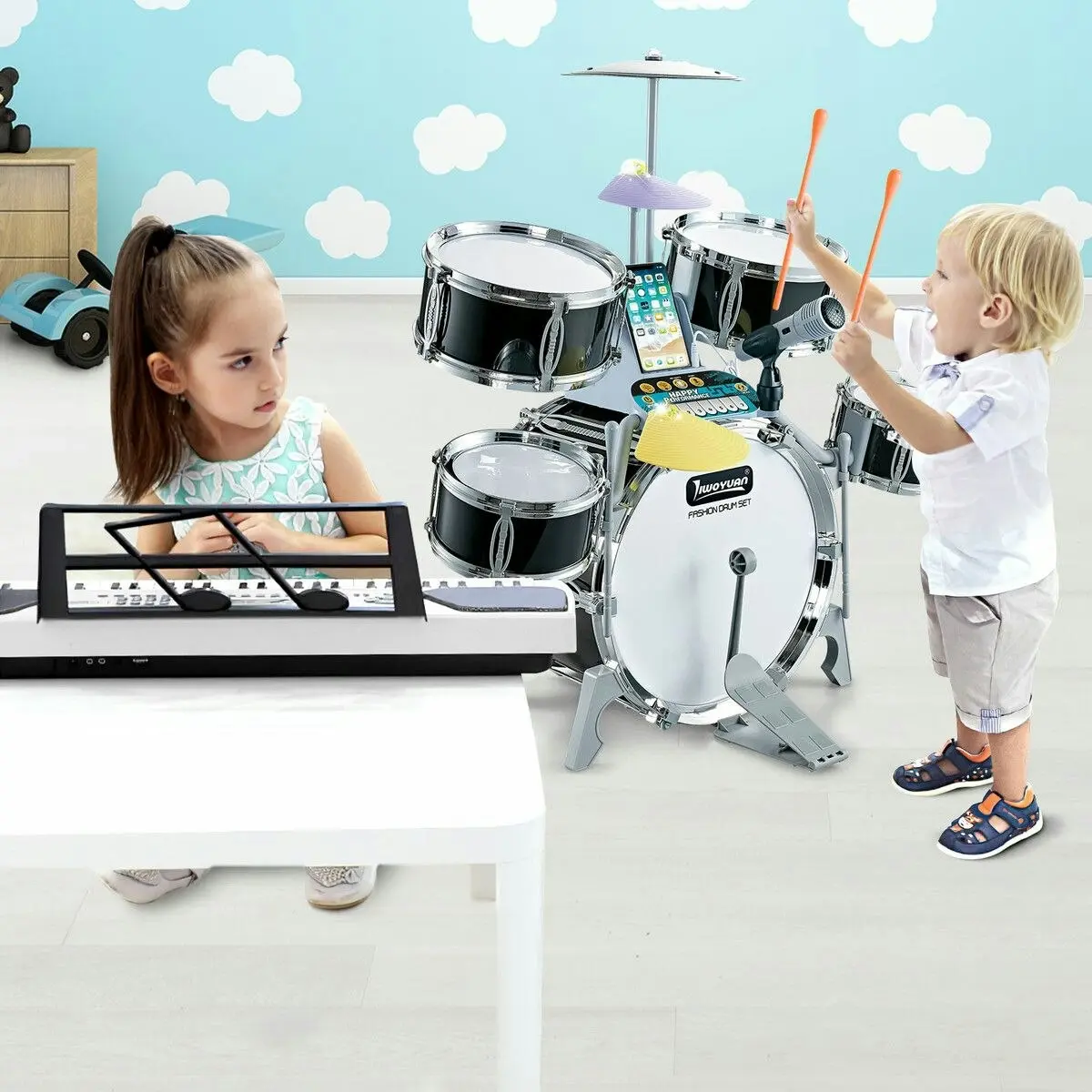 Ausway Kids Jazz Drum Set Junior Musical Educational Instrument Toy Kit Childrens Learning Preschool Playset with Stool Plastic