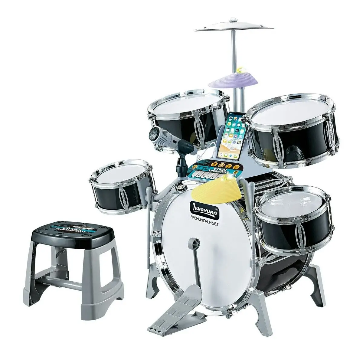 Ausway Kids Jazz Drum Set Junior Musical Educational Instrument Toy Kit Childrens Learning Preschool Playset with Stool Plastic