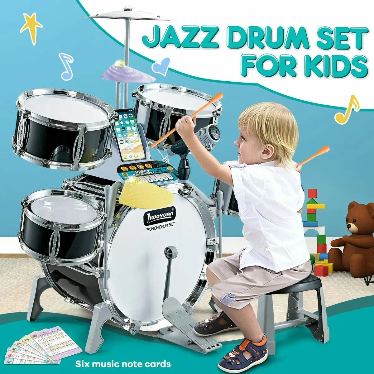 Ausway Kids Jazz Drum Set Junior Musical Educational Instrument Toy Kit Childrens Learning Preschool Playset with Stool Plastic