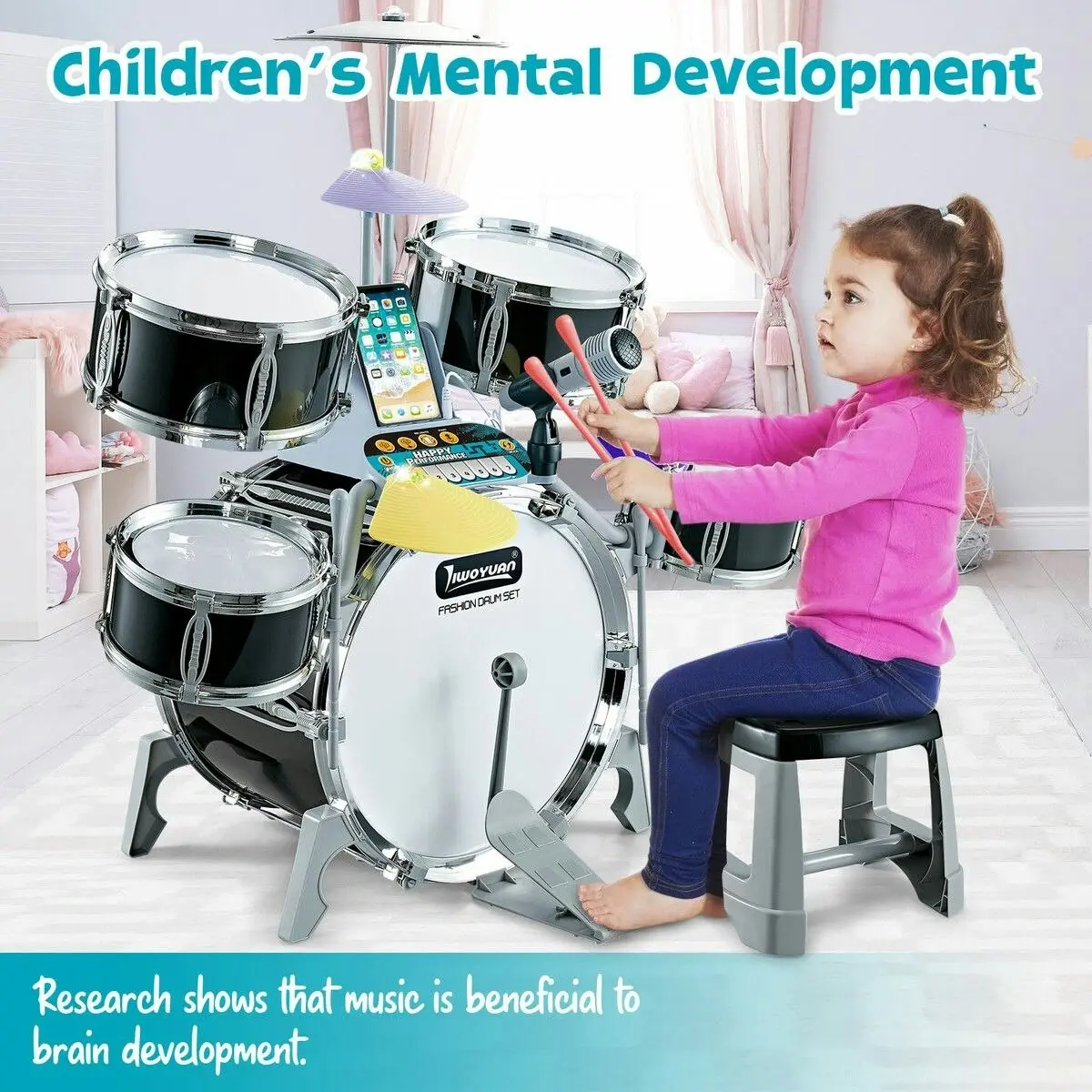 Ausway Kids Jazz Drum Set Junior Musical Educational Instrument Toy Kit Childrens Learning Preschool Playset with Stool Plastic