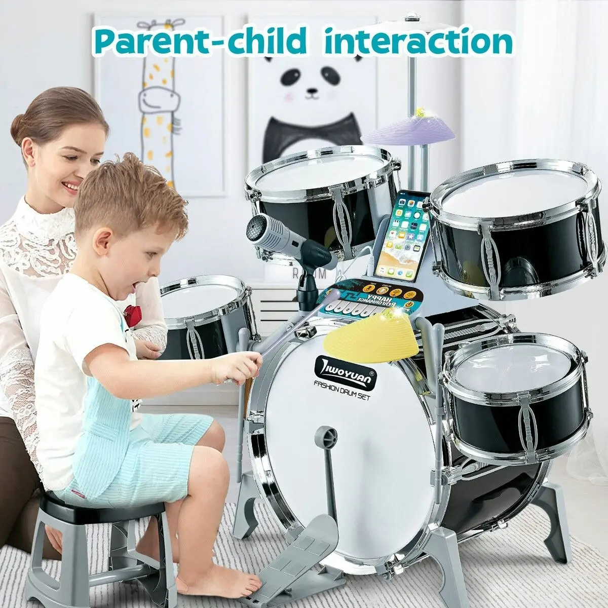 Ausway Kids Jazz Drum Set Junior Musical Educational Instrument Toy Kit Childrens Learning Preschool Playset with Stool Plastic