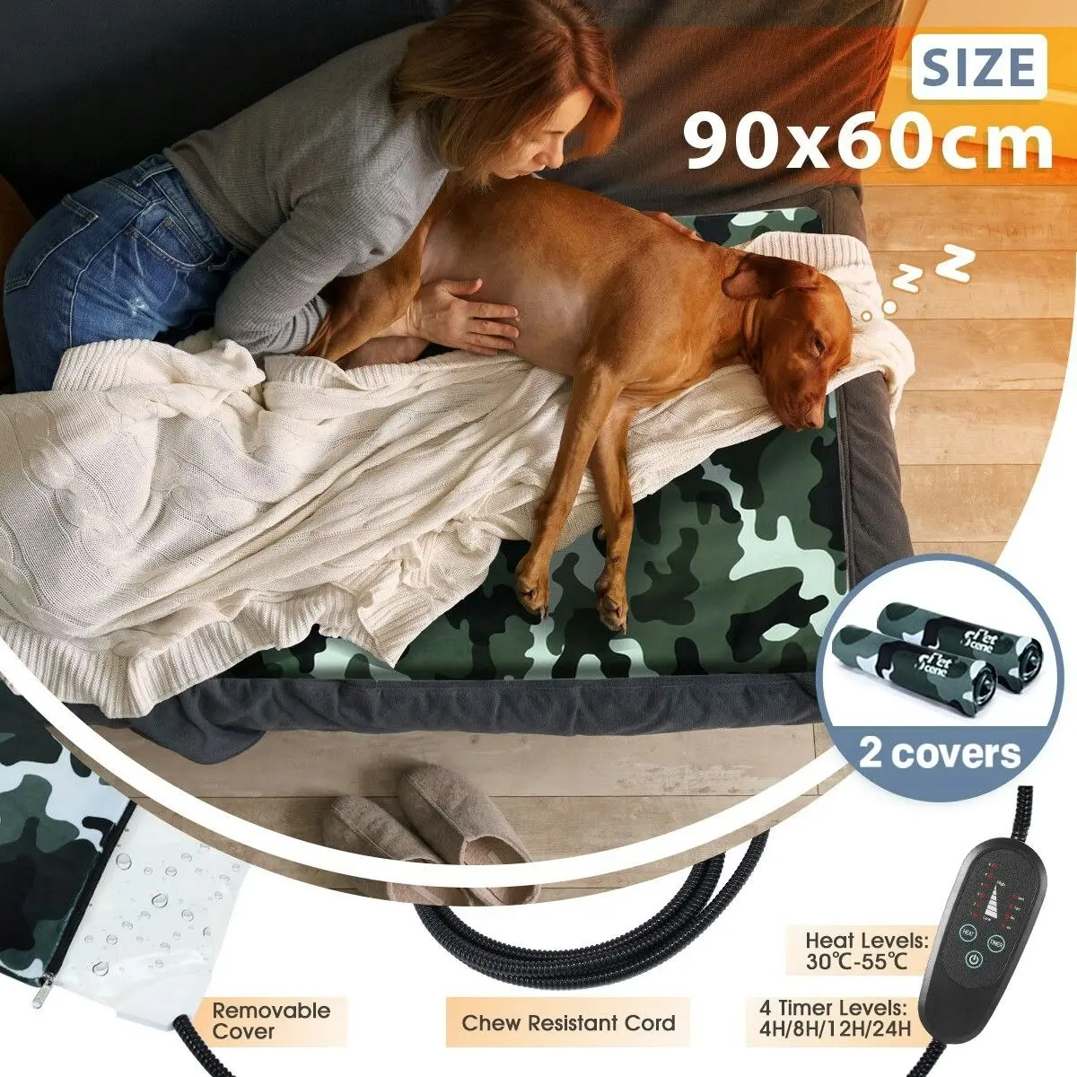 Pet Scene Electric Pet Dog Heater Pad Heating Mat Heated Blanket Cat Bed Thermal Protection Timer XL 90x60cm with 2 Cloth Covers