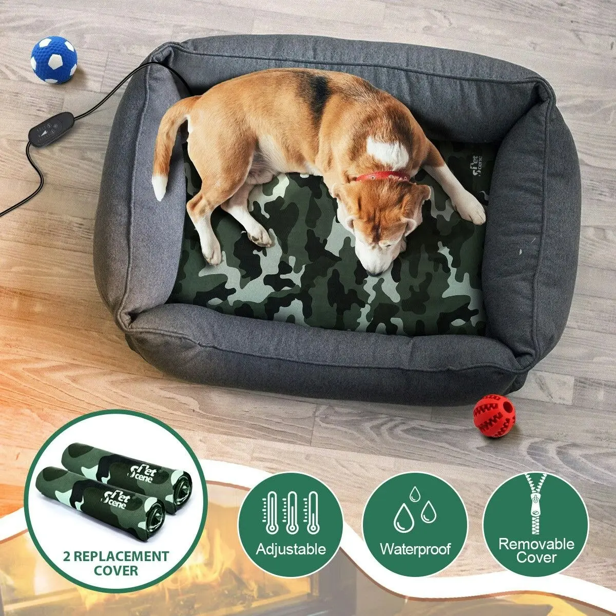 Pet Scene Electric Pet Dog Heater Pad Heating Mat Heated Blanket Cat Bed Thermal Protection Timer XL 90x60cm with 2 Cloth Covers