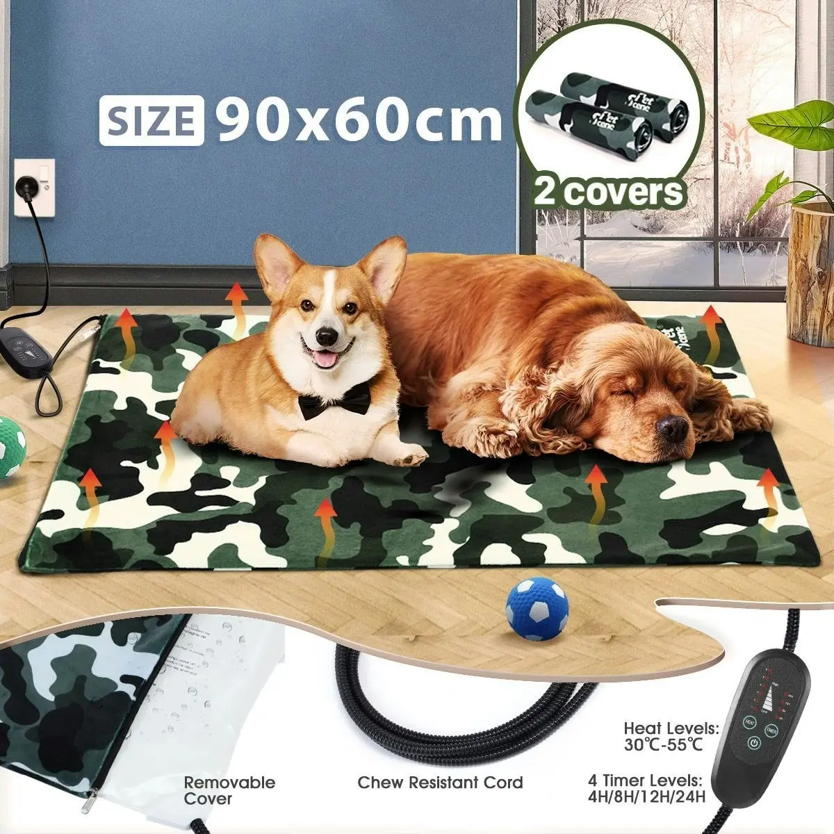 Pet Scene Electric Pet Dog Heater Pad Heating Mat Heated Blanket Cat Bed Thermal Protection Timer XL 90x60cm with 2 Cloth Covers