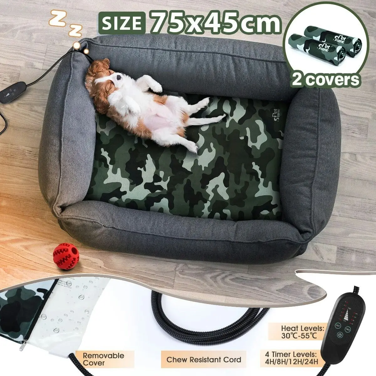 Pet Scene Electric Pet Dog Heater Pad Heated Mat Heating Blanket Cat Bed Thermal Protection Timer L Size 75x45cm with 2 Cloth Covers