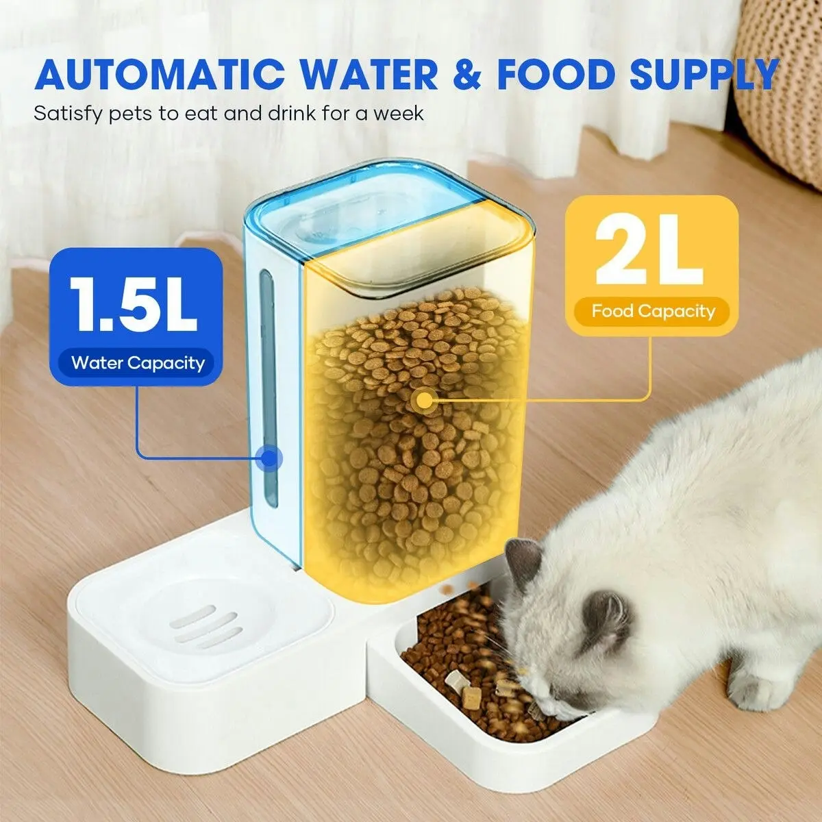 Pet Scene Automatic Cat Feeder 1.5L Water Dispenser 2L Food Bowl Auto Pet Feeding Gravity Fed for Small Medium Large Pets 2 In 1 Petscene