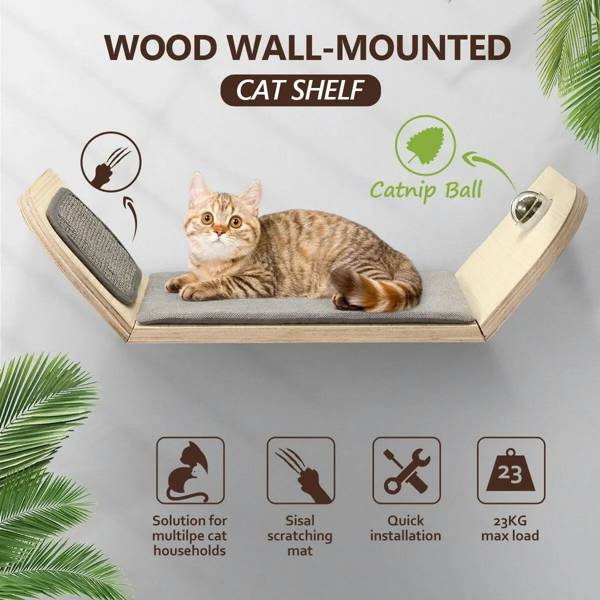 AFP  Wood Cat Wall Mounted Bed Climbing Shelf Scratcher Soft Mat Pad Climber Catnip Ball Pet Furniture