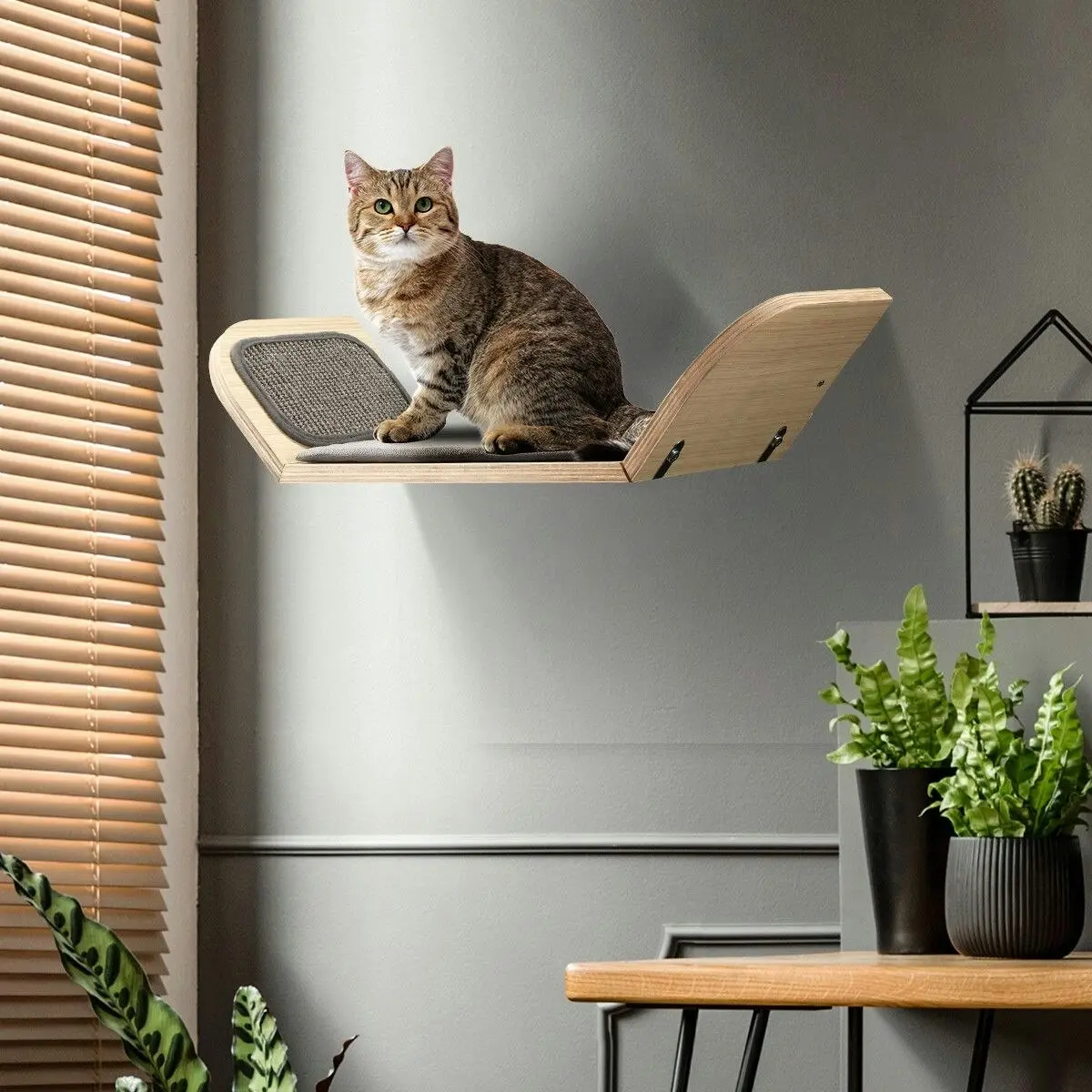 AFP  Wood Cat Wall Mounted Bed Climbing Shelf Scratcher Soft Mat Pad Climber Catnip Ball Pet Furniture