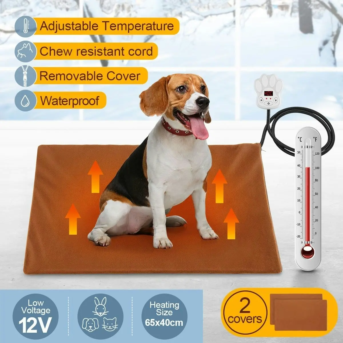 Pet Scene Pet Heating Pad Dog Cat Electric Heated Mat Puppy Heater Blanket Heat Bed Waterproof Cover 65x40cm Brown