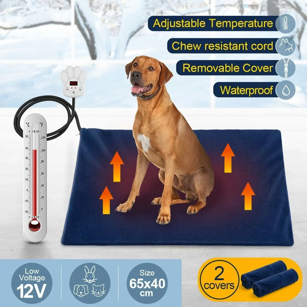 Pet Scene Pet Heated Mat Dog Heating Pad Cat Puppy Electric Heater Blanket Heat Bed Waterproof Cover 65x40cm Blue