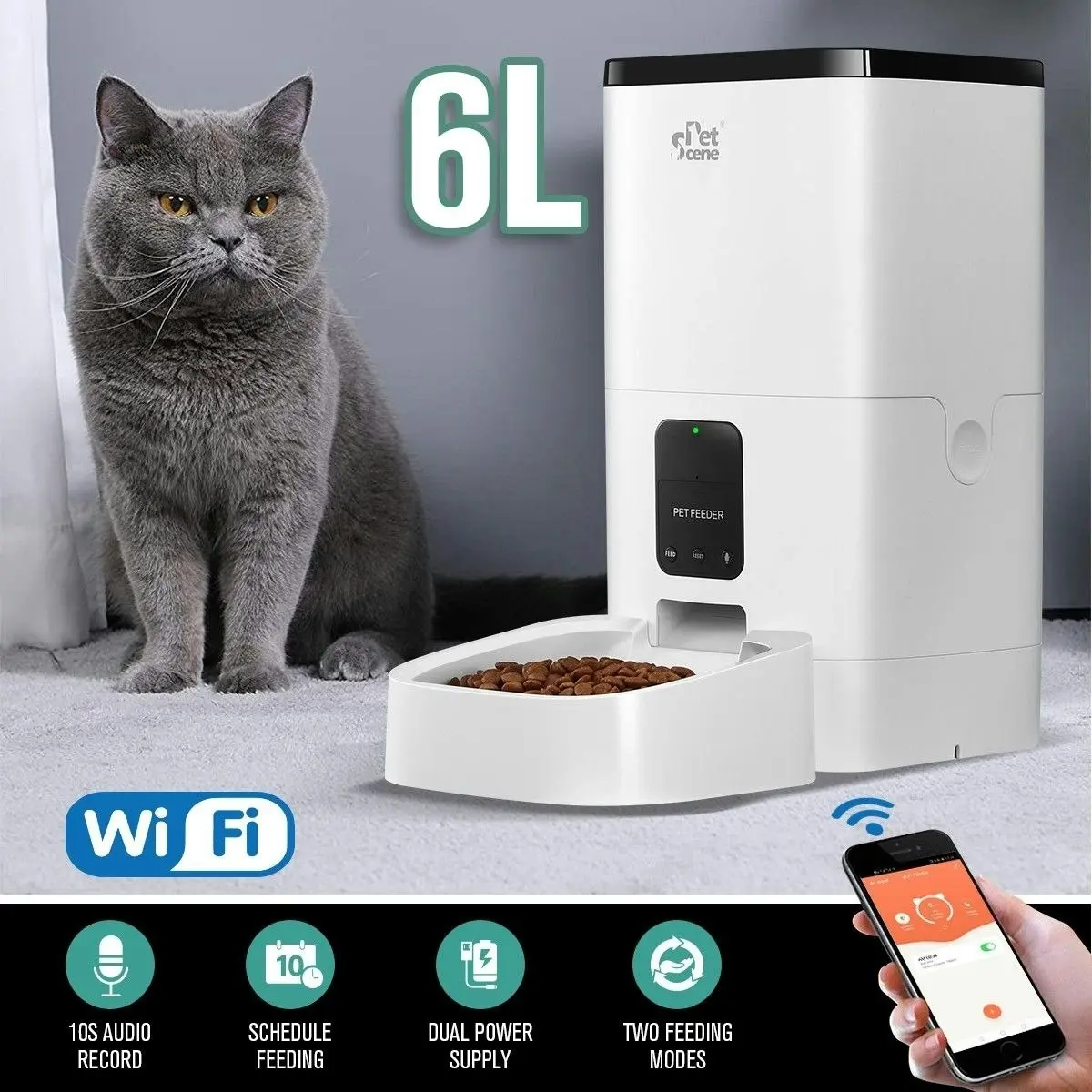 Pet Scene Petscene 6L Automatic Pet Feeder Wi-Fi Enabled Smart Dog Cat Feeder with App Remote Control