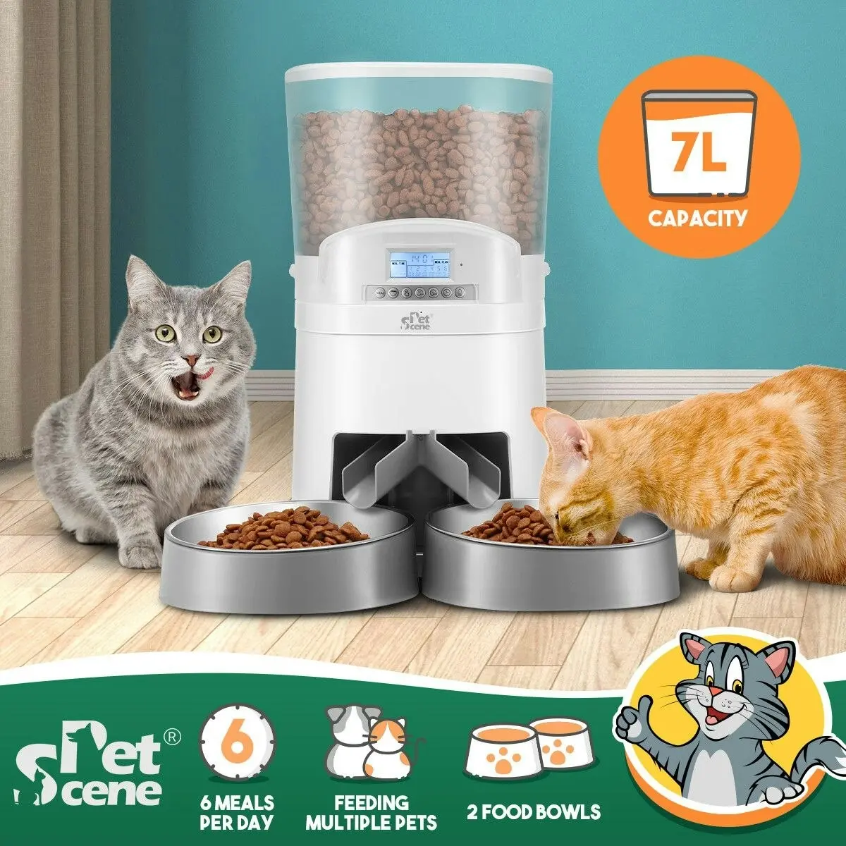 Pet Scene Petscene 7L Automatic Pet Cat Feeder Dog Food Dispenser Voice Recorder 2 Bowls LCD