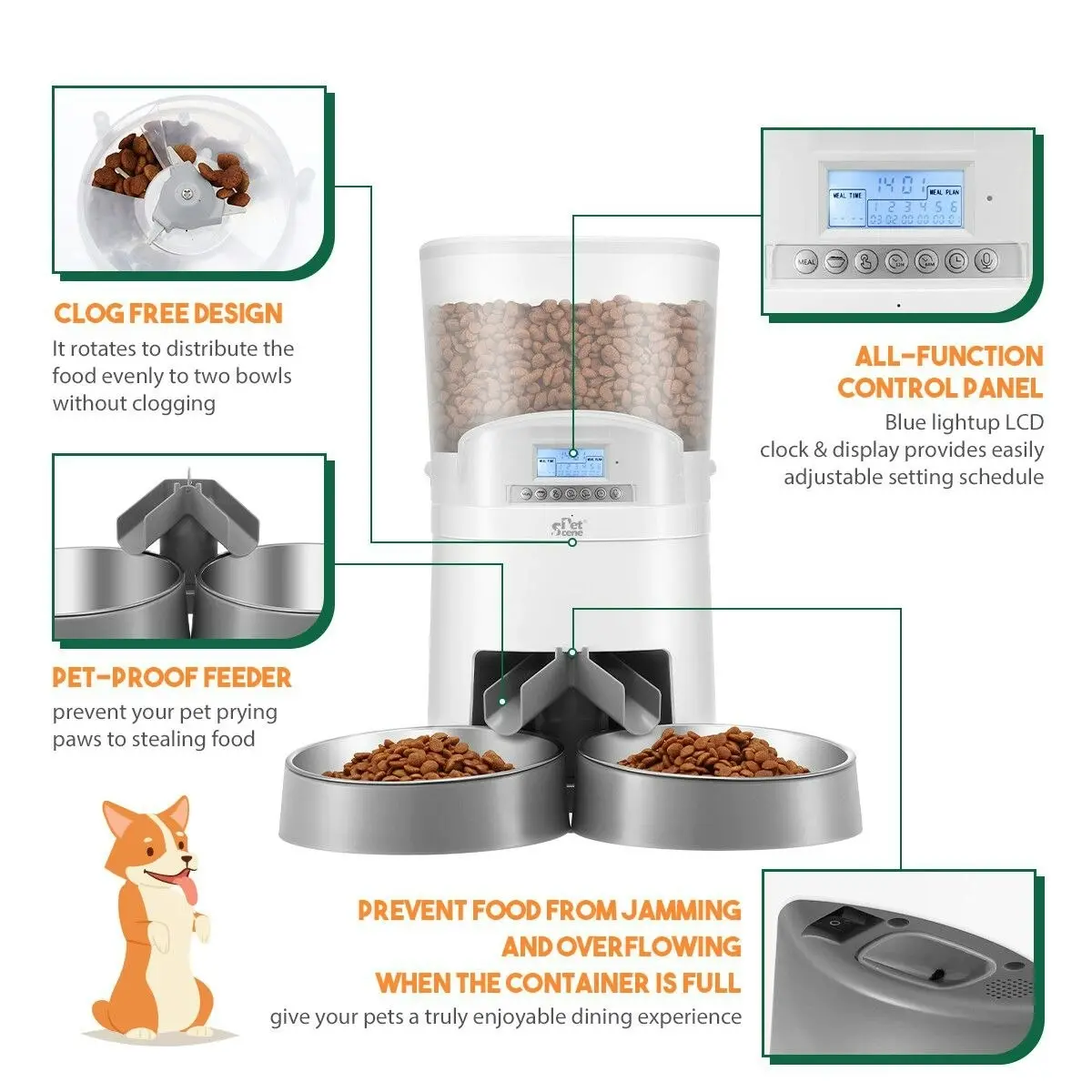 Pet Scene Petscene 7L Automatic Pet Cat Feeder Dog Food Dispenser Voice Recorder 2 Bowls LCD