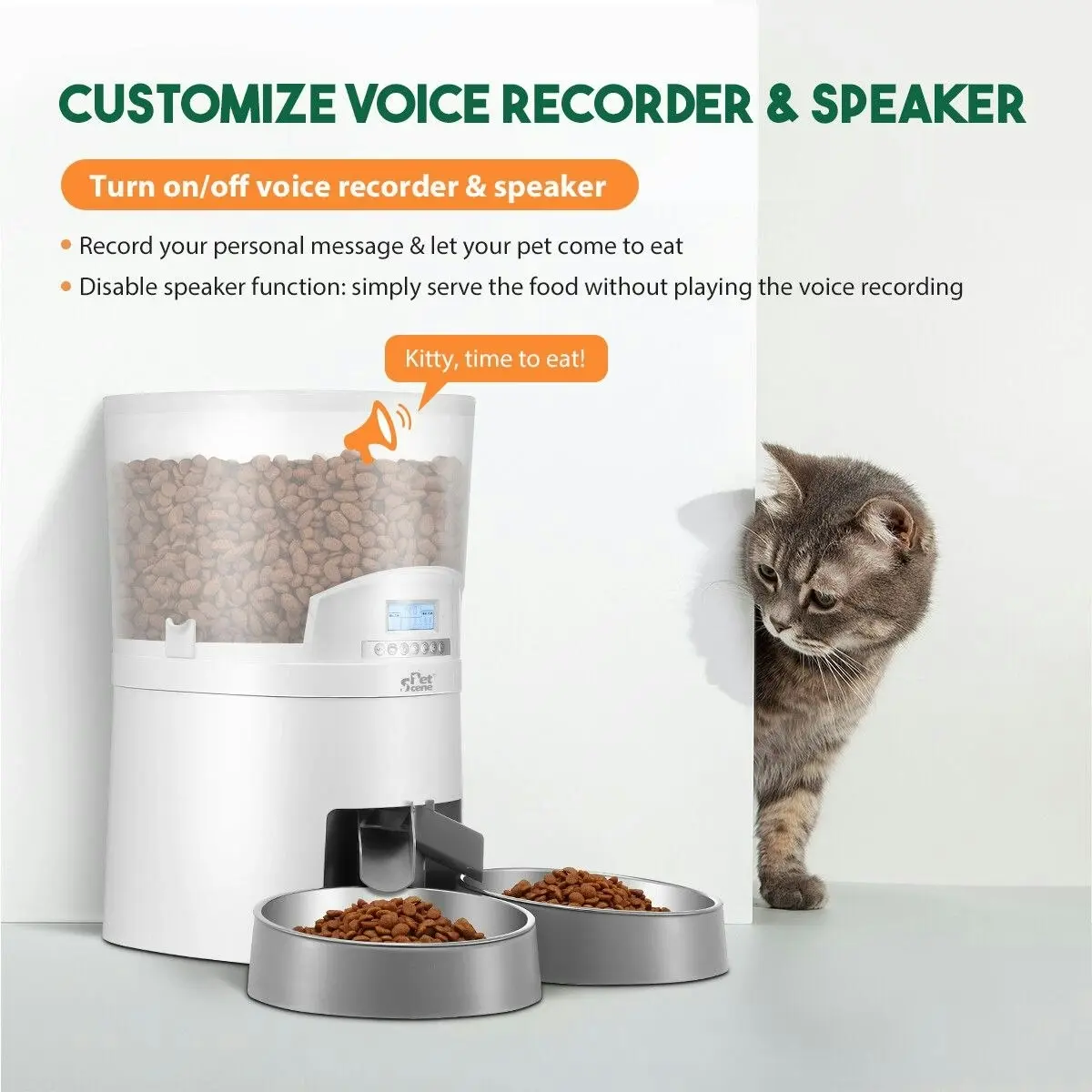 Pet Scene Petscene 7L Automatic Pet Cat Feeder Dog Food Dispenser Voice Recorder 2 Bowls LCD