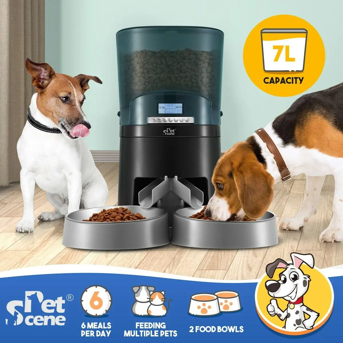 Pet Scene Petscene Automatic Pet Feeder 7L Auto Dog Cat Food Dispenser Voice Recorder 2 Bowls