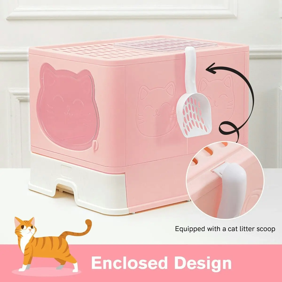 Pet Scene Cat Litter Box Kitty Toilet Training Enclosed Front Top Entry Lid Large Covered Hooded Kitten Potty Pan Furniture Scoop Foldable Pink