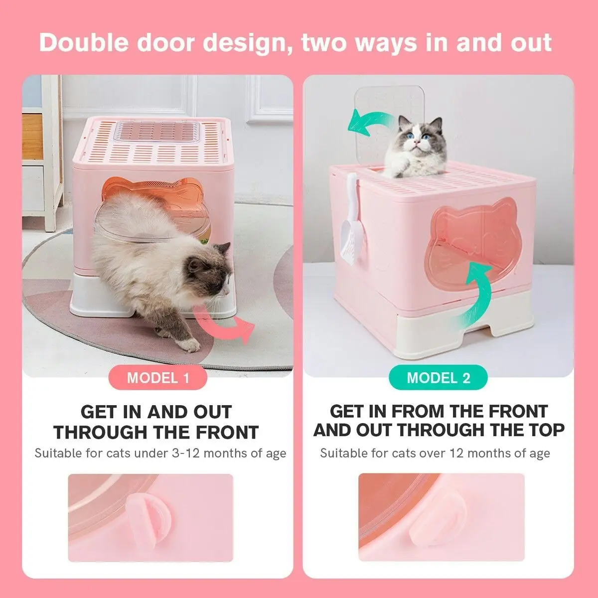 Pet Scene Cat Litter Box Kitty Toilet Training Enclosed Front Top Entry Lid Large Covered Hooded Kitten Potty Pan Furniture Scoop Foldable Pink